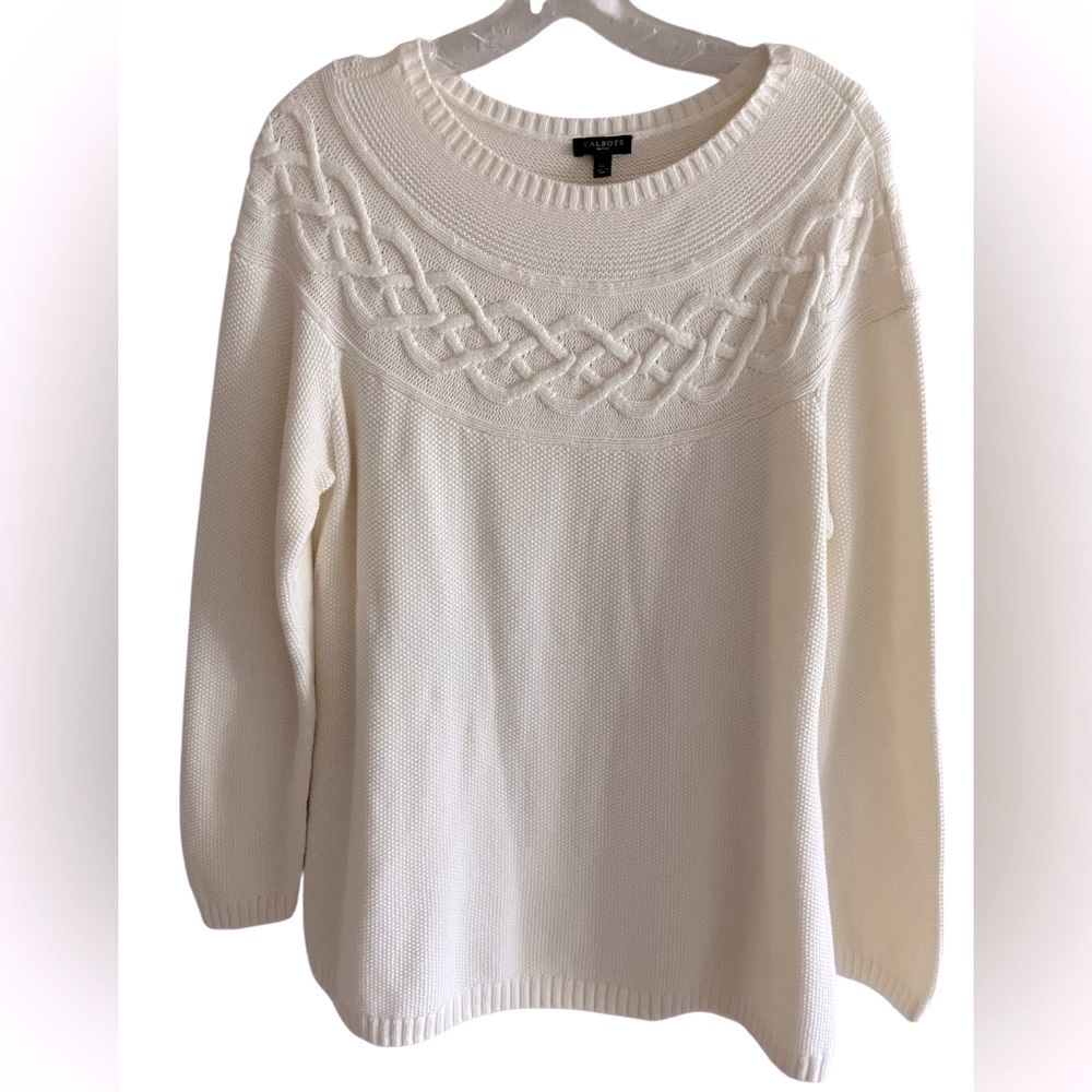 Talbots Cream Cozy Cotton Blend Cable Knit Ivory Crew Neck Sweater‎ Large Petite